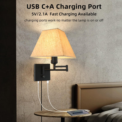 Wall Mounted Lamp Plug in Wall Sconce with Dimmable Switch Swing Arm Wall Lamp Whire Fabric Shade with USB Port Gold Wall Sconce Suitable for Hallway Bedroom Living Room…