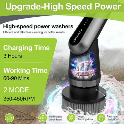 Dreazu Electric Spin Scrubber, 10-in-1 Shower Scrubber & Retractable Long Handle, 44 lbs High-Torque & Variable Speed Shower Cleaning Brush for Bathroom,Toilet, Bathtub, Kitchen, Tile Floors