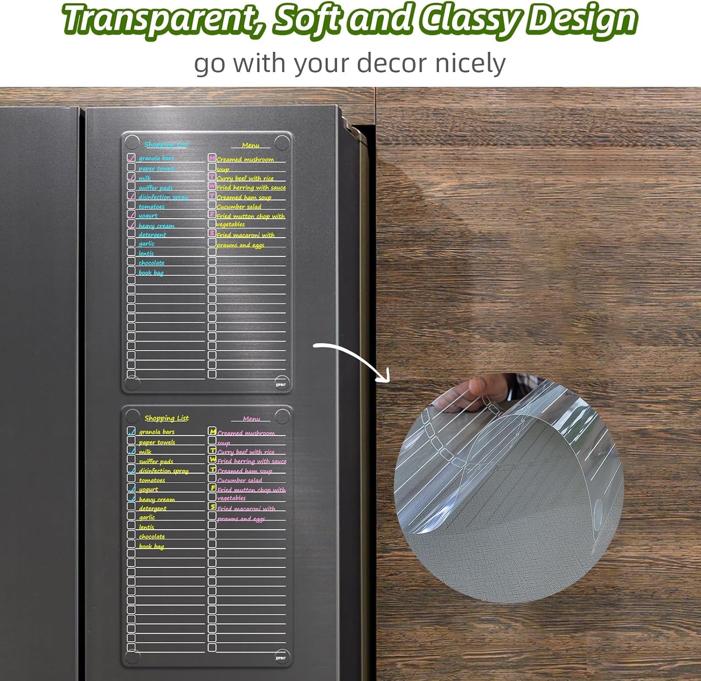 JJPRO Non-Magnetic Dry Erase Calendar for Fridge, Monthly Calendar, Weekly Planning Board Bundle for All Smooth Surfaces. Clear Reusable Calendar Stick to Fridge,Cabinet,Door&Glass