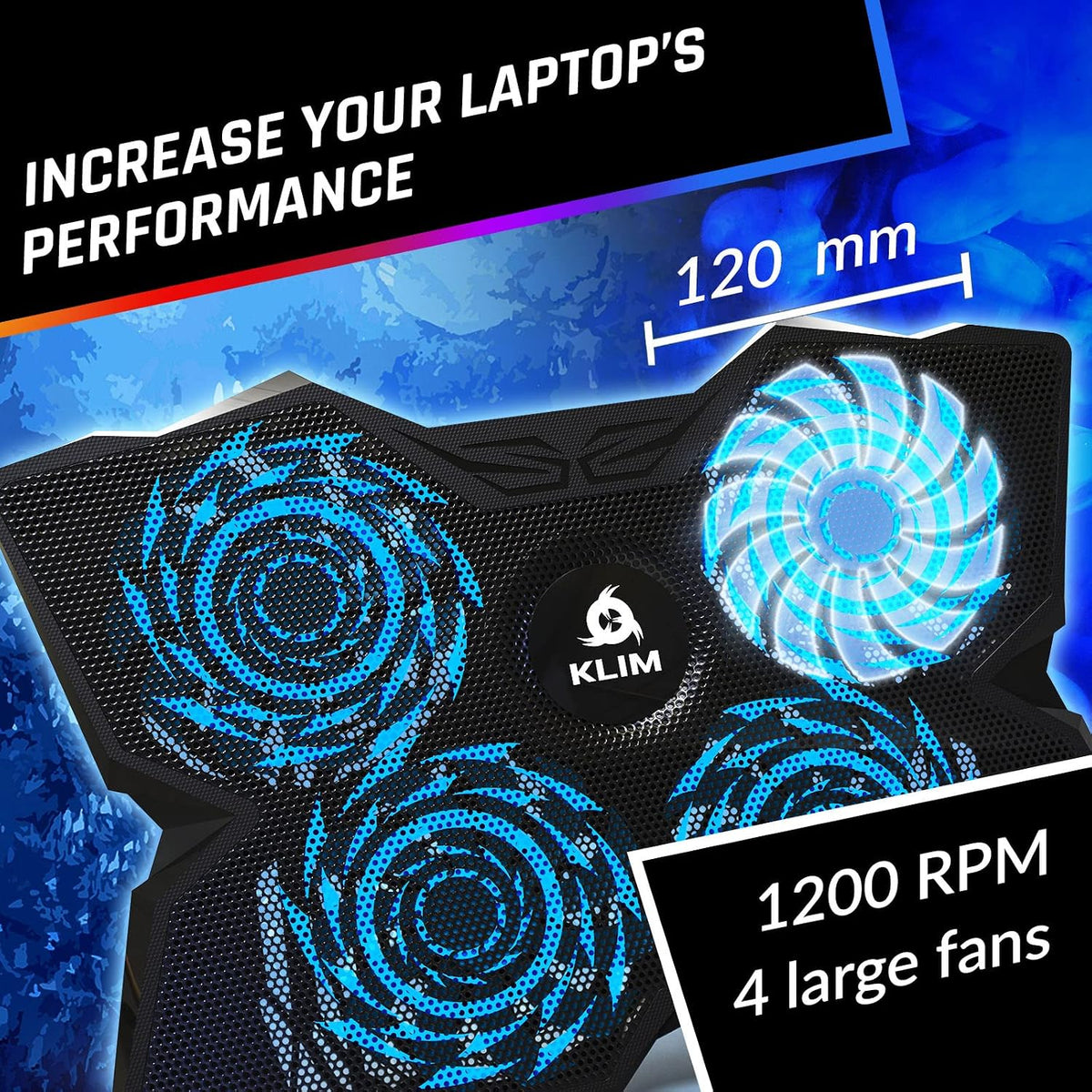 KLIM Wind Laptop Cooling Pad - More Than 500 000 Units Sold - New Version - The Most Powerful Rapid Action Cooling Fan - Laptop Stand with 4 Cooling Fans at 1200 RPM - USB Fan - PS5 PS4 - RGB