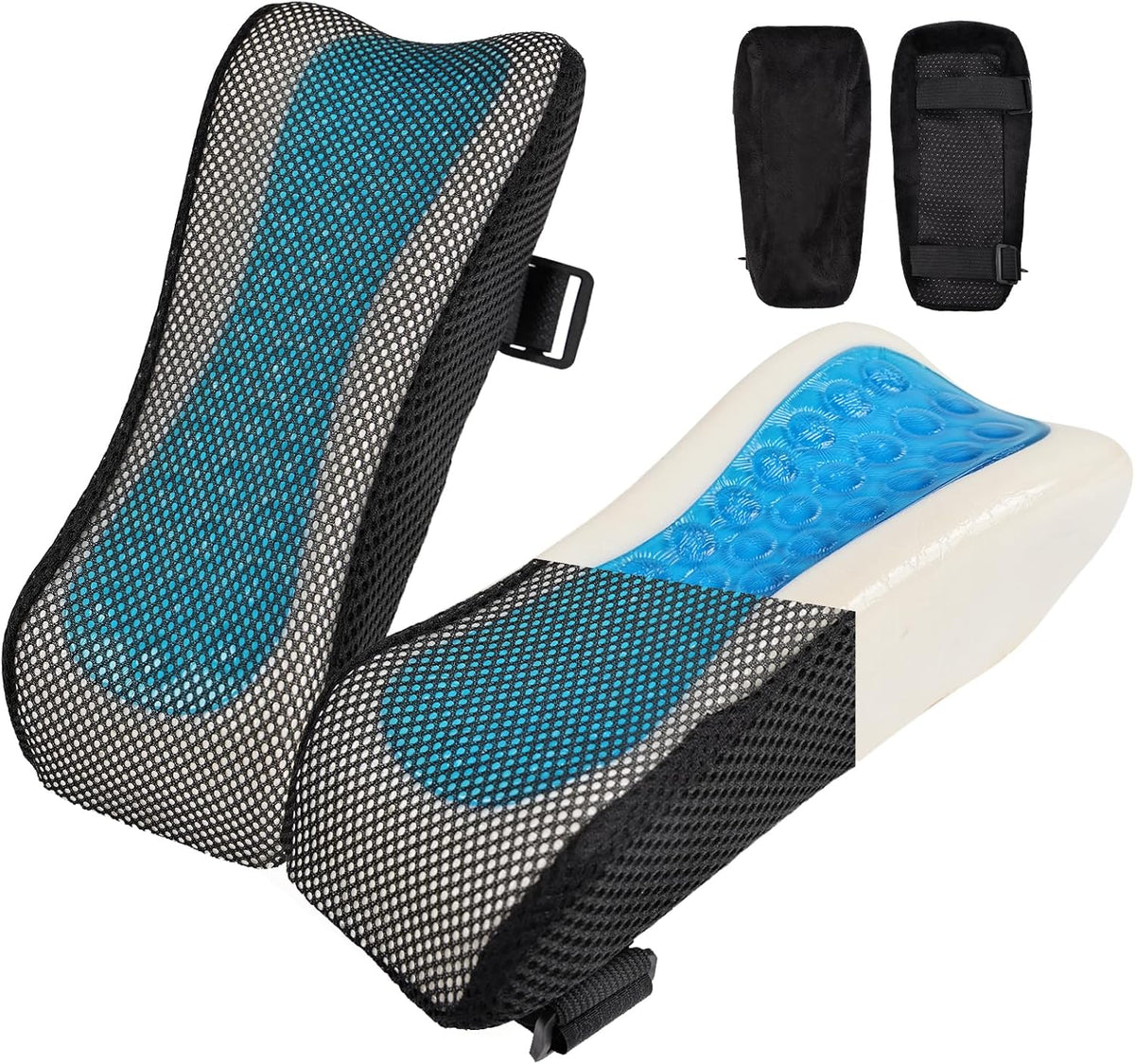 THARAHT 2pcs Ergonomic Blue Mesh Gel Memory Foam Armrest Support Pillow Anti Slip Adjustable Office Chair Games Home Wheelchairs