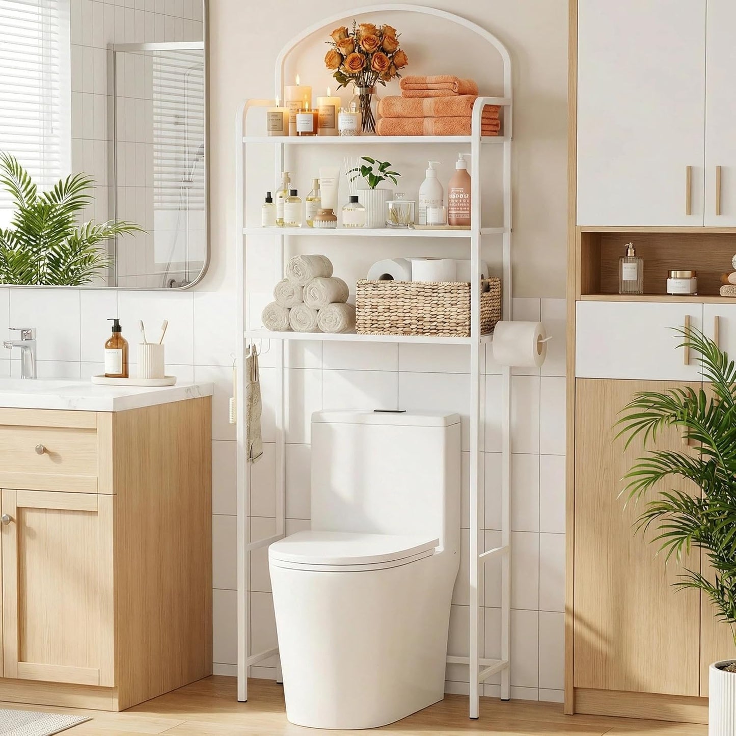 3 Tier Over The Toilet Storage Rack, Bathroom Organizer | Toilet Storage with 4 Hooks & Paper Holder, Space-Saving, Freestanding Bathroom Shelf, Metal, White