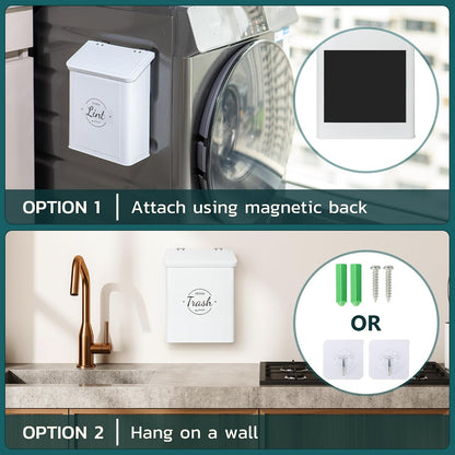 Minimis Customizable Mini Laundry Room Storage Bin - Small Magnetic Storage Holder Basket with Lid for Organizing Lint, Socks, Trash or Pods - Garbage Box Can be Mounted on a Wall/Dryer or Countertop