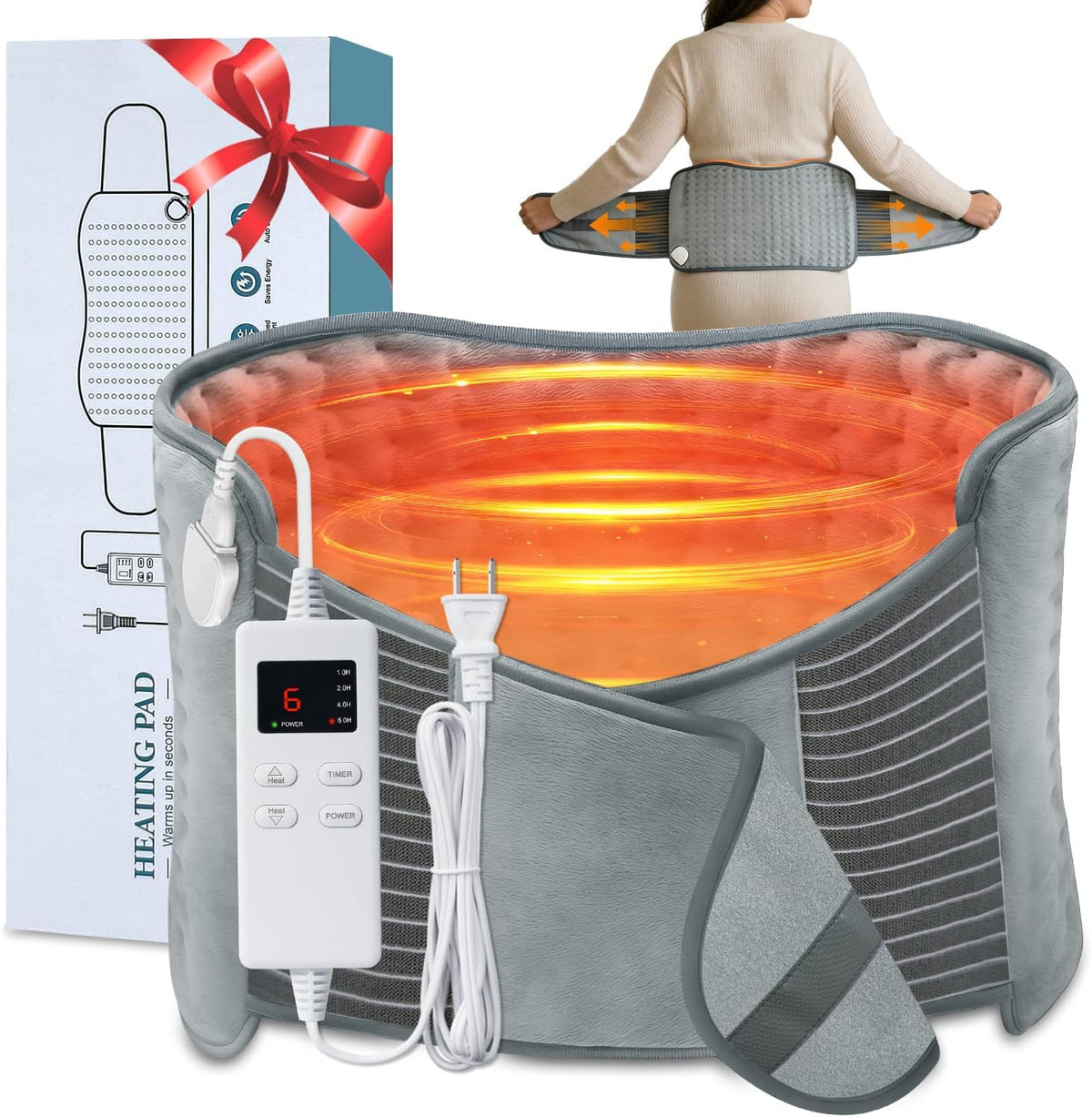 Wrap Around Heating Pad for Back Pain Relief & Period Cramps with Strap
