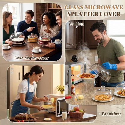 3 Sizes Glass Microwave Splatter Cover for Food, 6/8/10 Inch, Tall Splatter Guard with Basting Brush Oven Mitts Borosilicate Glass Non Toxic Non Plastic with Vent Hole for Food Dishwasher Safe