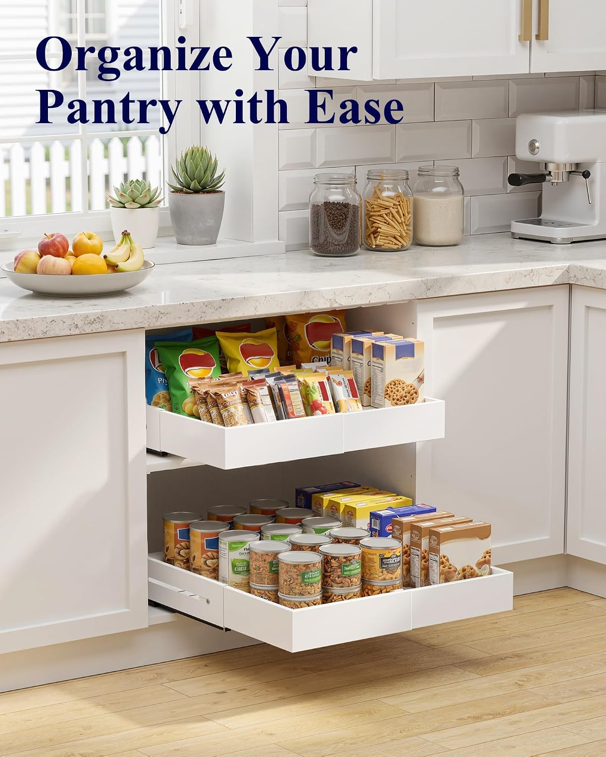 Kitsure Pull Out Cabinet Organizer - 2 Pack(12.6"-21" D x 12"-20.4" W) Expandable Sliding Cabinet Shelves, Smooth Glide Drawer Organizer, Kitchen & Pantry Storage, Framed & Frameless Cabinets