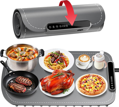 Warming Mat for Food, Upgraded Fast-Heating Electric Warming Tray with 7 Temp Levels & 8 Timers, Buffet Raised Feet & Rollable Silicone Heat Pad, Portable Food Warmer for Home, Party & Travel (Blue)