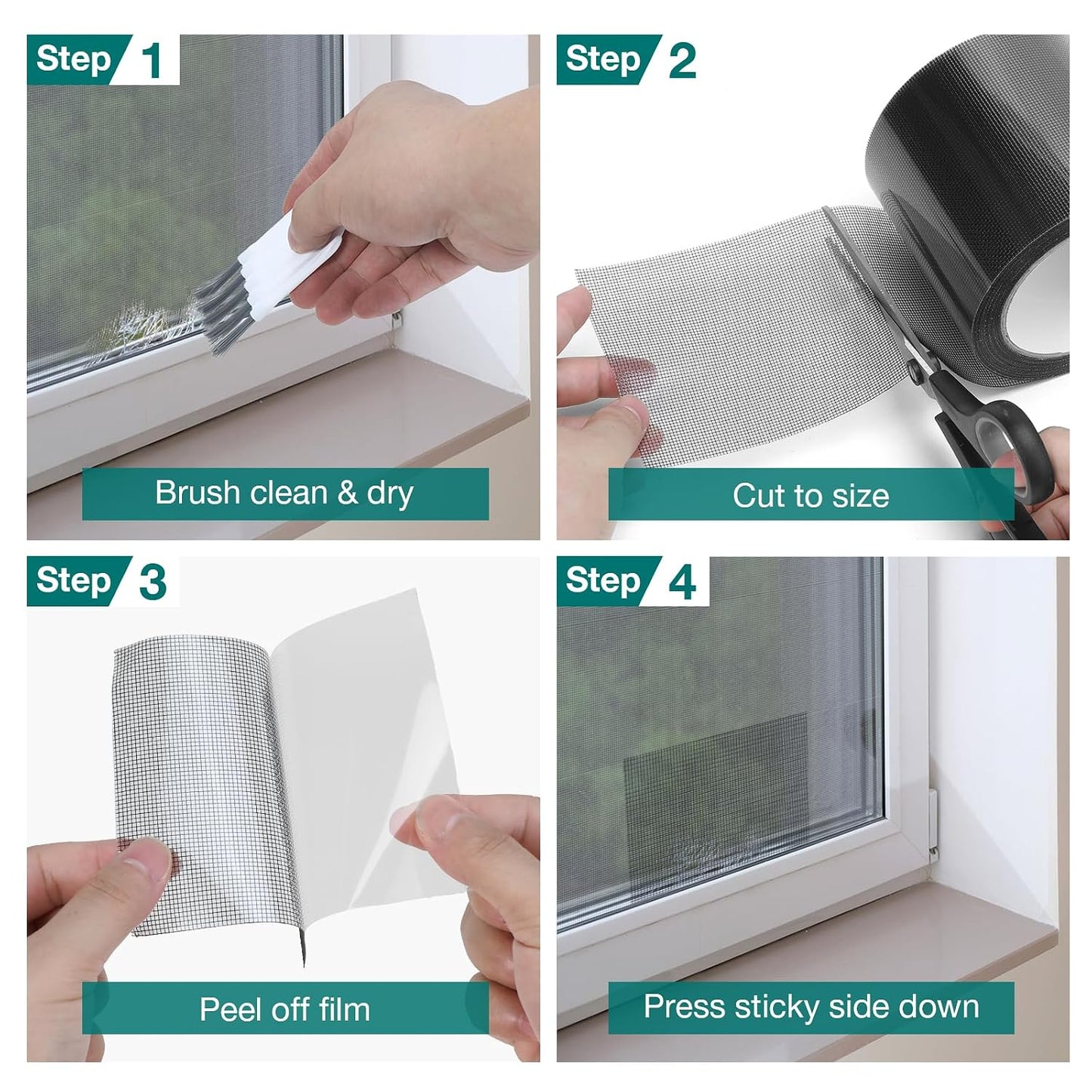 Window & Door Screen Repair Tape, 2in x 33ft Black Mesh Patch Kit | Strong waterproof adhesive resists sun & rain; flexible mesh patch plus cleaning brush for window screens, doors, RV & tents