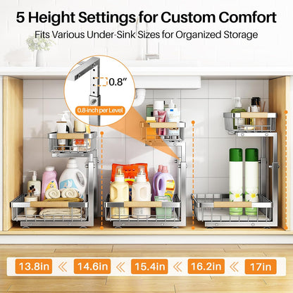 PXRACK Under Sink Organizer, Adjustable Height, 2 Tier Pull Out Under Cabinet Organizer, Slide Out Thickened Metal Under Sink Storage for Kitchen Bathroom Laundry Pantry Cabinet, White, Large-2-Pack