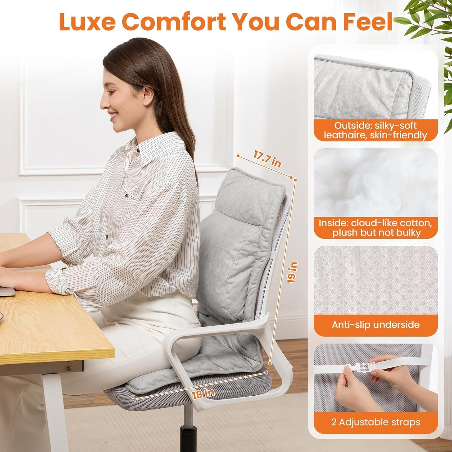 Heated Seat Cushion for Office Chair with Lumbar Support, Extra Large Heated Chair Pad for Pain Relief, Auto Shut Off, 3 Heating Levels, Chair Warmer for Full Back, Waist, Hip, Thigh, Home Use, Grey