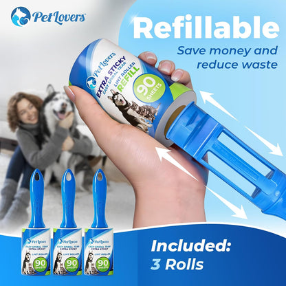 PetLovers Extra Sticky Lint Roller Mega Value Set 450 Sheets for Pet Hair Removal and Clothes, Dog and Cat Lint Remover 5 Pack