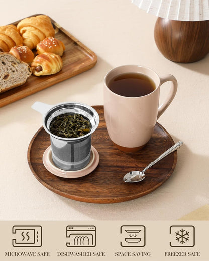 MALACASA Ceramic Tea Mug with Lid and Stainless Steel Infuser, 18 oz Large Tea Cup for Loose Leaf Tea, Heat-Resistant, Microwave & Dishwasher Safe, Speckled Glaze Coffee & Tea Brewer Mug, Khaki Brown