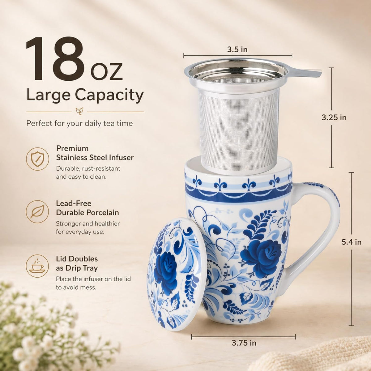 GBhome Tea Mug with Infuser and Lid,18 oz Loose Leaf Tea Cup with Steeper