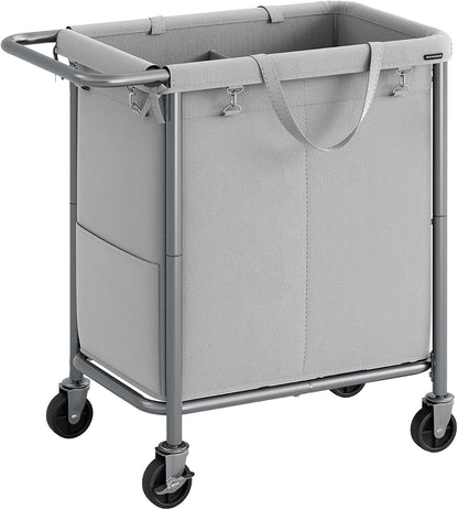 SONGMICS Laundry Basket with Wheels, 4-Section Rolling Laundry Hamper, 68.6 Gallons (260 L), Removable Liner, Steel Frame with Handle, 43.3 x 15.4 x 31.9 Inches, Cream White URLS014W01
