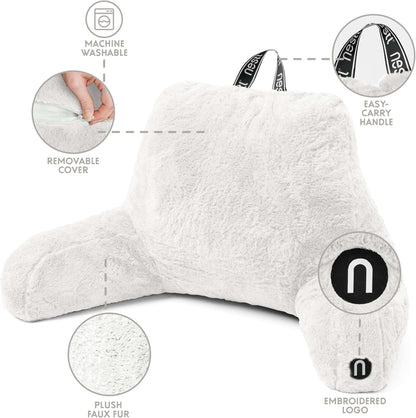 Nestl Fur Reading Pillow with Shredded Memory Foam, Stylish Back Pillow for Bed Sitting Up, Faux Fur Reading Pillows for Sitting in Bed Adult & Kids, Sit Up Back Support Pillow with Arms - Dark Grey