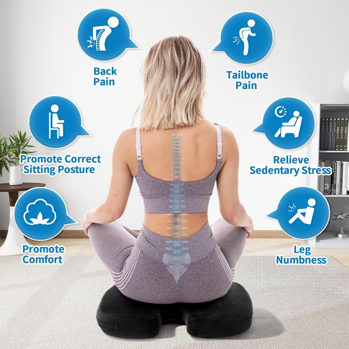Memory Foam Seat Cushion for Office Chair & Car - Ergonomic Tailbone & Sciatica Pain Relief Pad - Non-Slip Desk Chair Cushion for Long Sitting, Breathable Mesh Pad for Posture Support (Black)