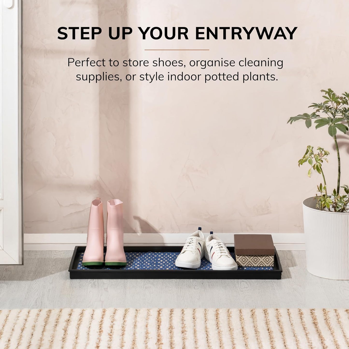 Anji Mountain Heavy Duty Waterproof Rubber Shoe Storage Mat Organizer/Boot Storage Tray Multi Use For Entryway with Coir, Tan Insert, Fits 2 Pair (24.5" Wide)