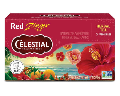 Celestial Seasonings Raspberry Zinger Herbal Tea, Caffeine Free, 20 Tea Bags Box