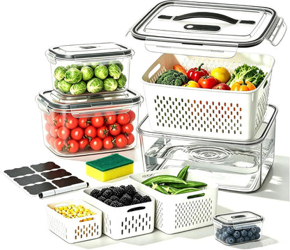 4 PCS Fruit Storage Containers for Fridge,Leakproof Produce Containers | Saver For Fridge with Removable Colander &Vent Lids,Microwave/Dishwasher Safe,Keeps Berries,Lettuce & Salad Fresh