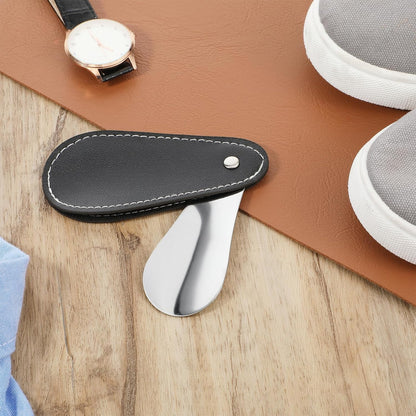 InnoHHustle Short Shoe Horn with PU Leather Cover 4.3 Inch Metal Shoe Spoon Portable Mini Travel Leather Shoehorn Travel Shoes Spoon Helper Short Shoes Tongue Pocket Handled Shoespooner for Women Man