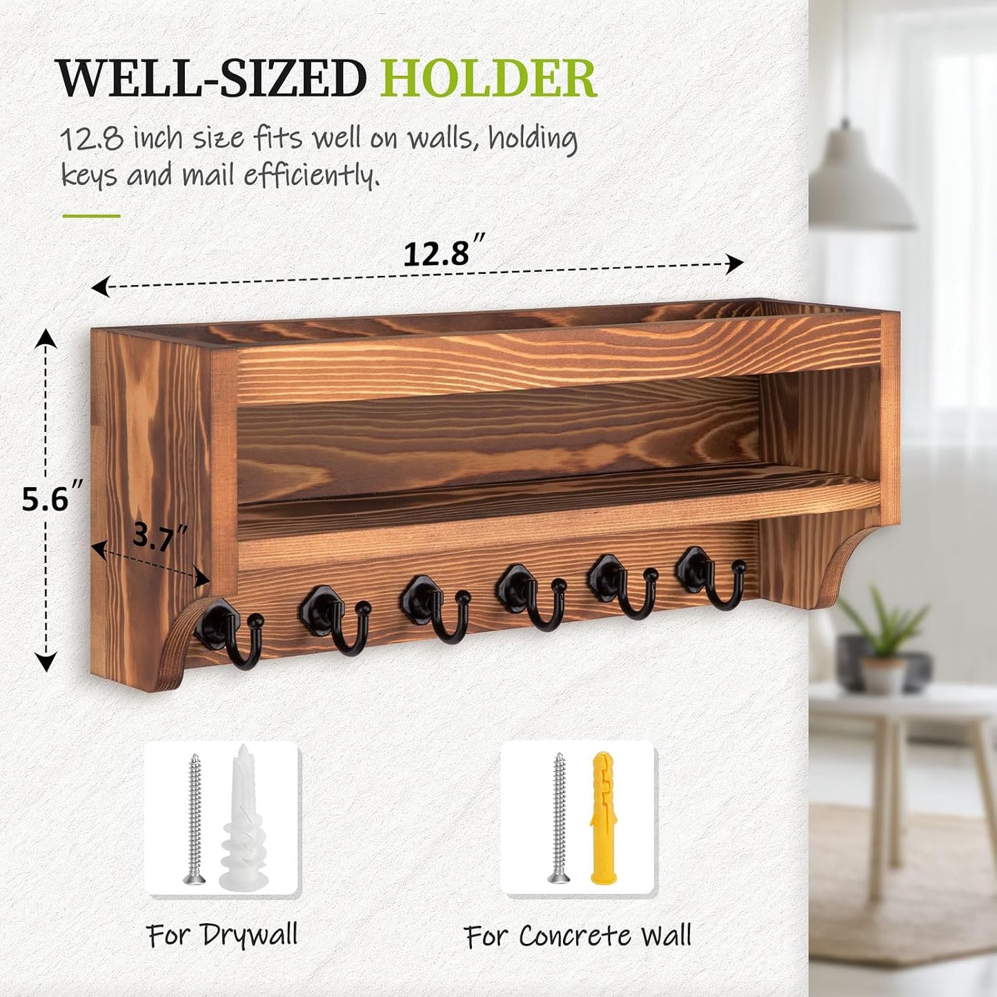 Nekon Key Holder Wall Mount, Pine Wooden Mail Organizer, White | 12.8"W x 5.6"H x 3.7"D Wall Mounted Key and Mail Organizer with 6 Key Hooks, Key Rack for Home Entryway Decor