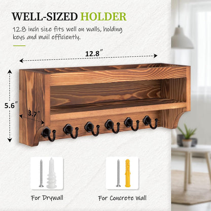 Nekon Key Holder Wall Mount, Pine Wooden Mail Organizer, White | 12.8"W x 5.6"H x 3.7"D Wall Mounted Key and Mail Organizer with 6 Key Hooks, Key Rack for Home Entryway Decor