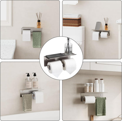 Black Toilet Paper Roll Holder with Shelf Wall Mounted for Bathroom (Black, Double Head)