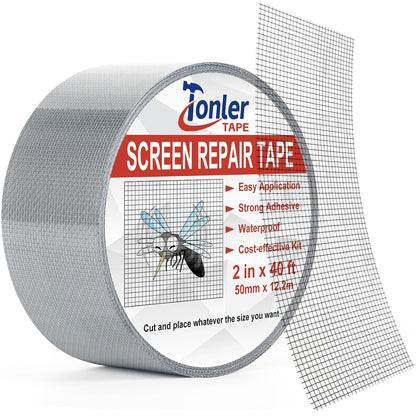 Gray Window Screen Repair Tape 2" x 40FT Fiberglass Strong Adhesive | Waterproof fiberglass mesh repair patch, fixes holes and tears, easy to cut and stick for window door screen repair