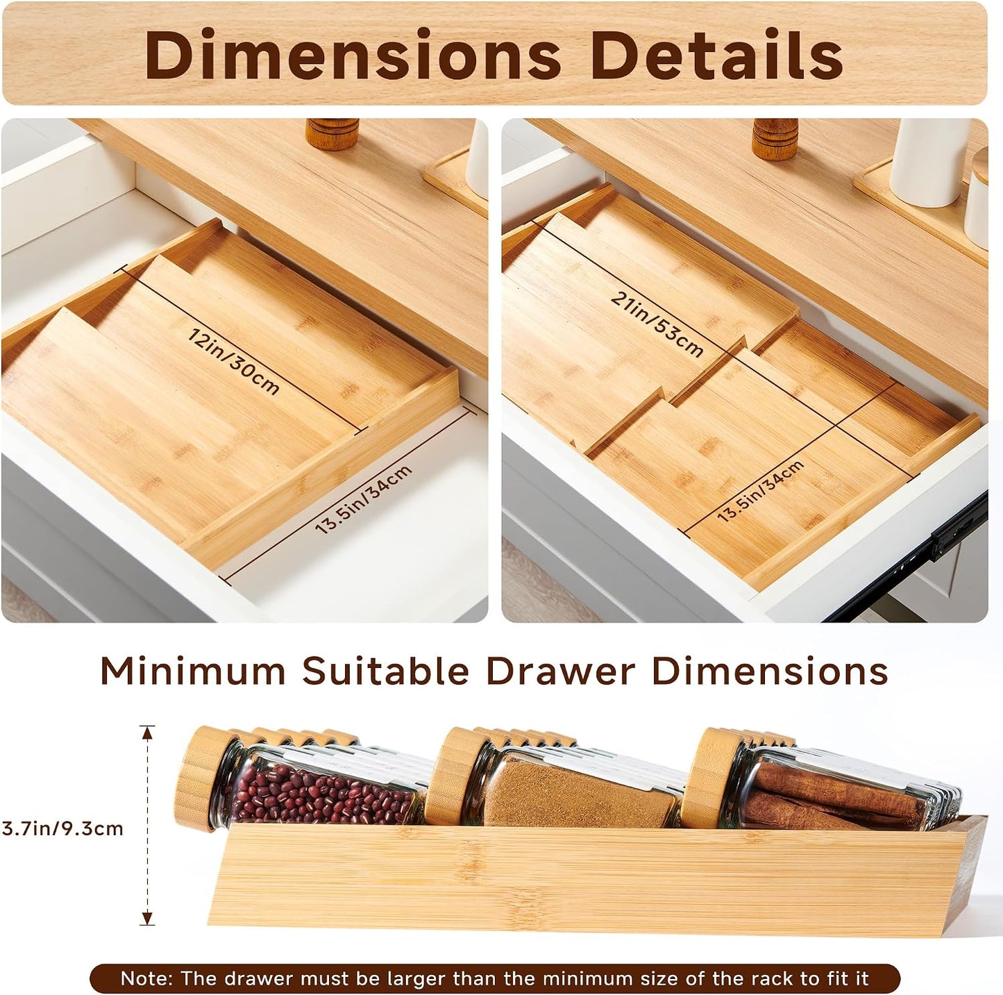3-Tier Expandable Bamboo Spice Drawer Organizer, Adjustable Width 12" to 21", Kitchen Storage with 36 Glass Jars & Bamboo Lids, 216 Labels, Non-Slip Design for Cabinet & Countertop