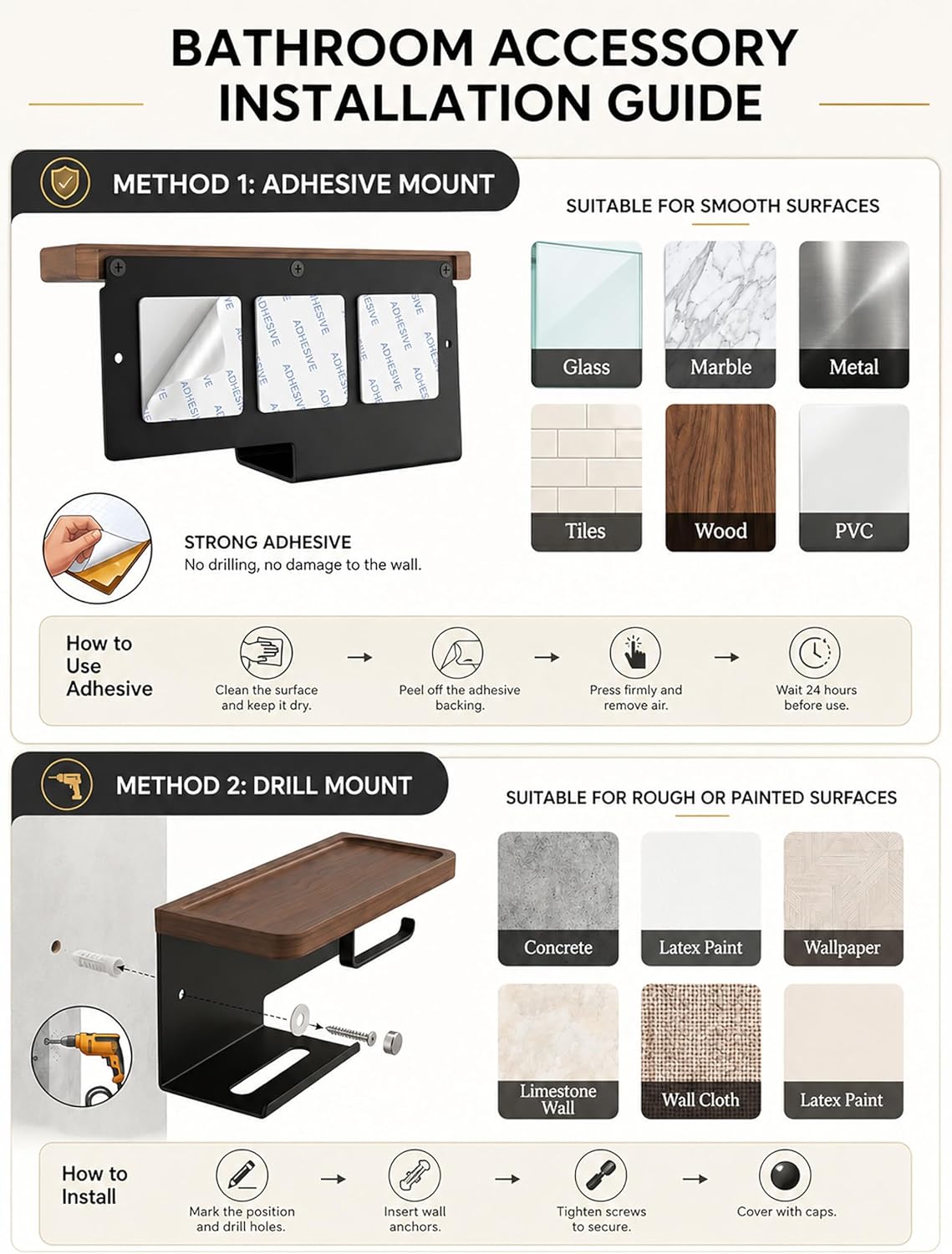Toilet Paper Holder with Wide Walnut Shelf, Wall Mount Matte Black | 14.29 X 4.8 in Wide Solid Wood Shelf with Waterproof Finish,Rust-Resistant SUS304 Stainless Steel,Adhesive or Screw Mount