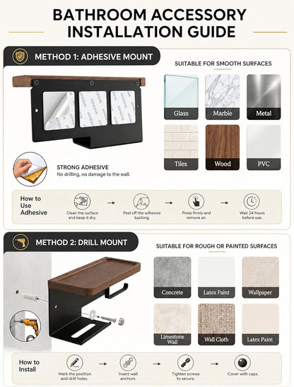 Toilet Paper Holder with Wide Walnut Shelf, Wall Mount Matte Black | 14.29 X 4.8 in Wide Solid Wood Shelf with Waterproof Finish,Rust-Resistant SUS304 Stainless Steel,Adhesive or Screw Mount