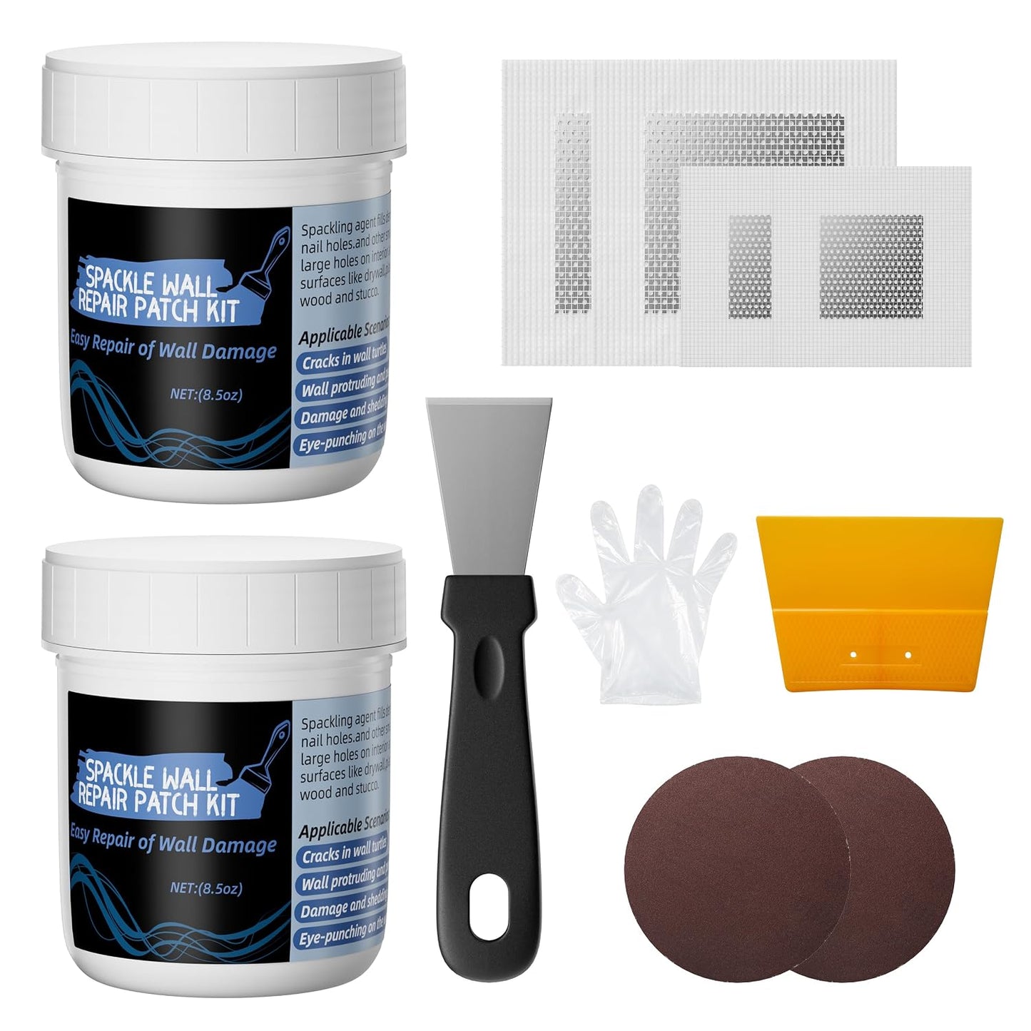 Oriflame Drywall Repair Kit: 8.5 Ounce Spackle Wall Repair with Patch/Scraper/Sandpaper/Gloves - White Wall Putty for Nail Holes/Cracks/Dents/Stains/Peeled Wall (1)