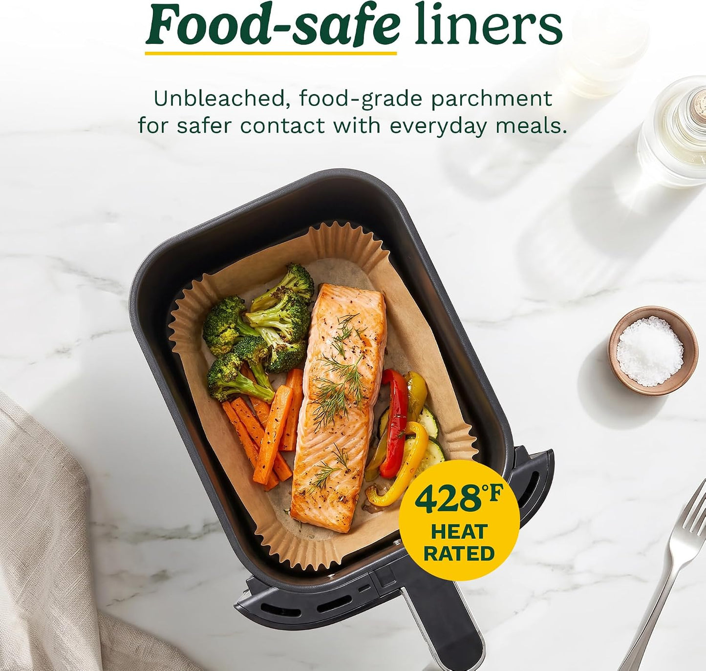 Cuisinart Air Fryer Liners Disposable, 150 Pack, 7.75" Square | Food-grade unbleached silicone-coated parchment for air fryer basket, non-stick to 428F, traps grease, oven & microwave safe