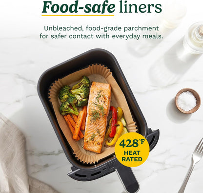 Cuisinart Air Fryer Liners Disposable, 150 Pack, 7.75" Square | Food-grade unbleached silicone-coated parchment for air fryer basket, non-stick to 428F, traps grease, oven & microwave safe