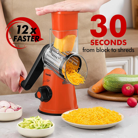 Geedel Rotary Cheese Grater, Kitchen Mandoline Vegetable Slicer with 3 Interchangeable Blades, Easy to Clean Rotary Grater Slicer for Fruit, Vegetables, Nuts