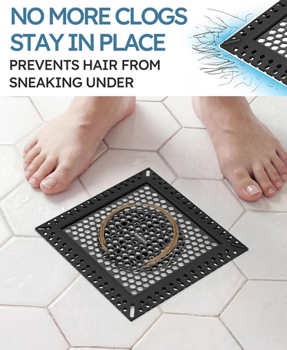 Square Shower Drain Hair Catcher, Anti-Clogging, Gray, 4 inch | Fast Drainage, Anti-Slip & Stays in Place, Stainless Steel & TPE Material, Easy Clean Fits Bathroom Hair Catcher for Shower