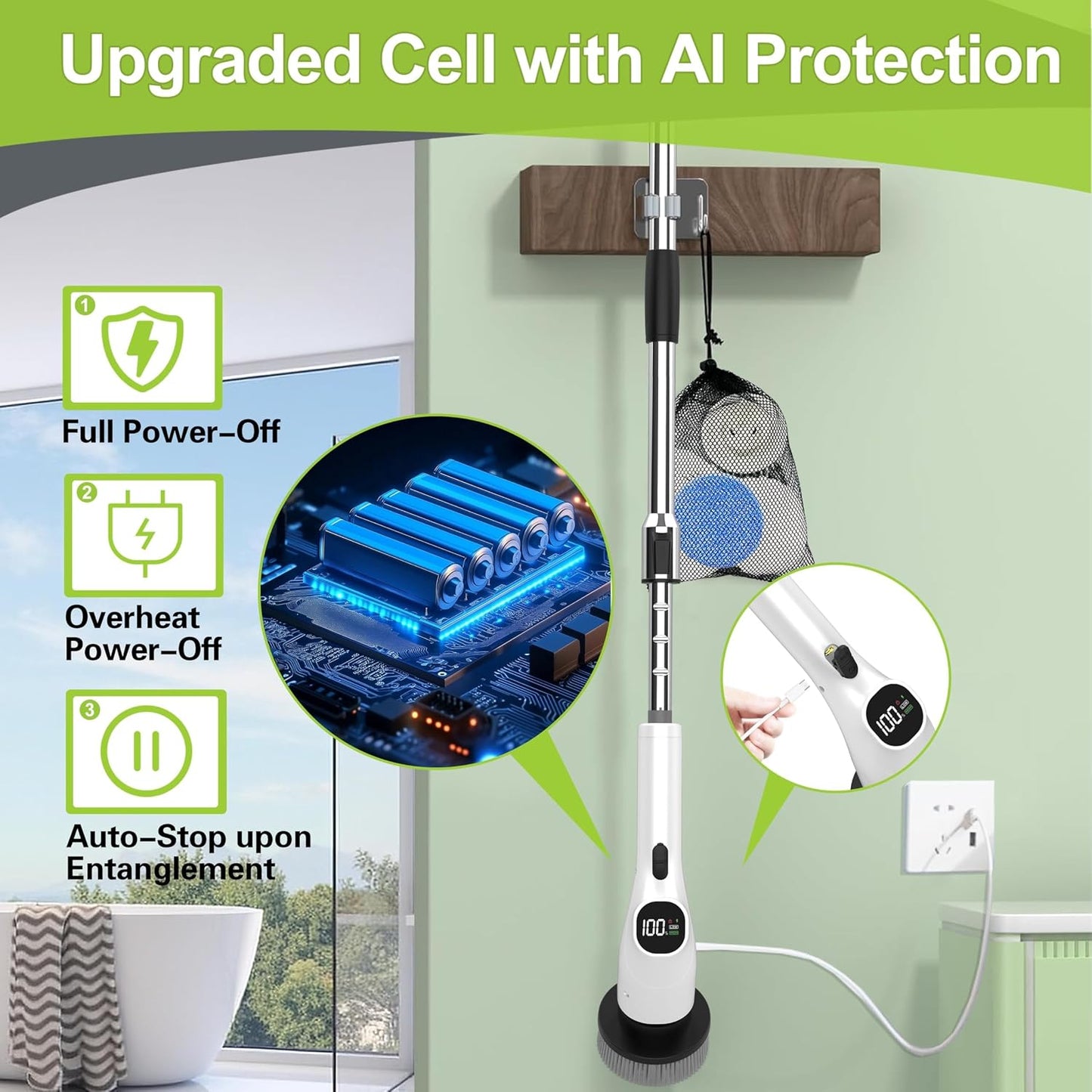 WKY-Electric Spin Scrubber - 10-in-1 Cordless Shower Scrubber & Cleaning Brush with Extendable Handle, 42 in-lbs Ultra High Torque, 2 Speeds, IPX7, LED Display, Smart AI Chip, for Bathroom, Kitchen