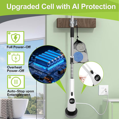 WKY-Electric Spin Scrubber - 10-in-1 Cordless Shower Scrubber & Cleaning Brush with Extendable Handle, 42 in-lbs Ultra High Torque, 2 Speeds, IPX7, LED Display, Smart AI Chip, for Bathroom, Kitchen