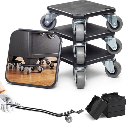 Urvoix Furniture Movers with Wheels, Furniture Dolly Set 4 Pack, 3000LBS | 3mm Thick, 4.7Inch, Heavy Duty Furniture Dolly 4 Wheel with Lifter Tool for Moving Sofa, Bed, Refrigerator, Washer, Cabinet