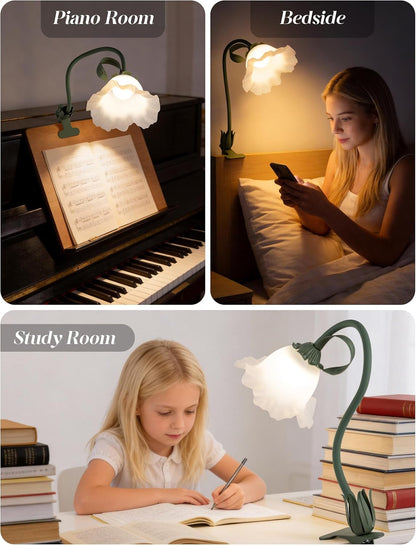 Flower Clip On Desk Lamp for Home and Dorm - Cute Floral Clip On Bedside Book Reading Light, Pink Flower Bunk Bed Lighting, Kawaii Led Flexible Gooseneck Table Lamp for Headboard with Clamp