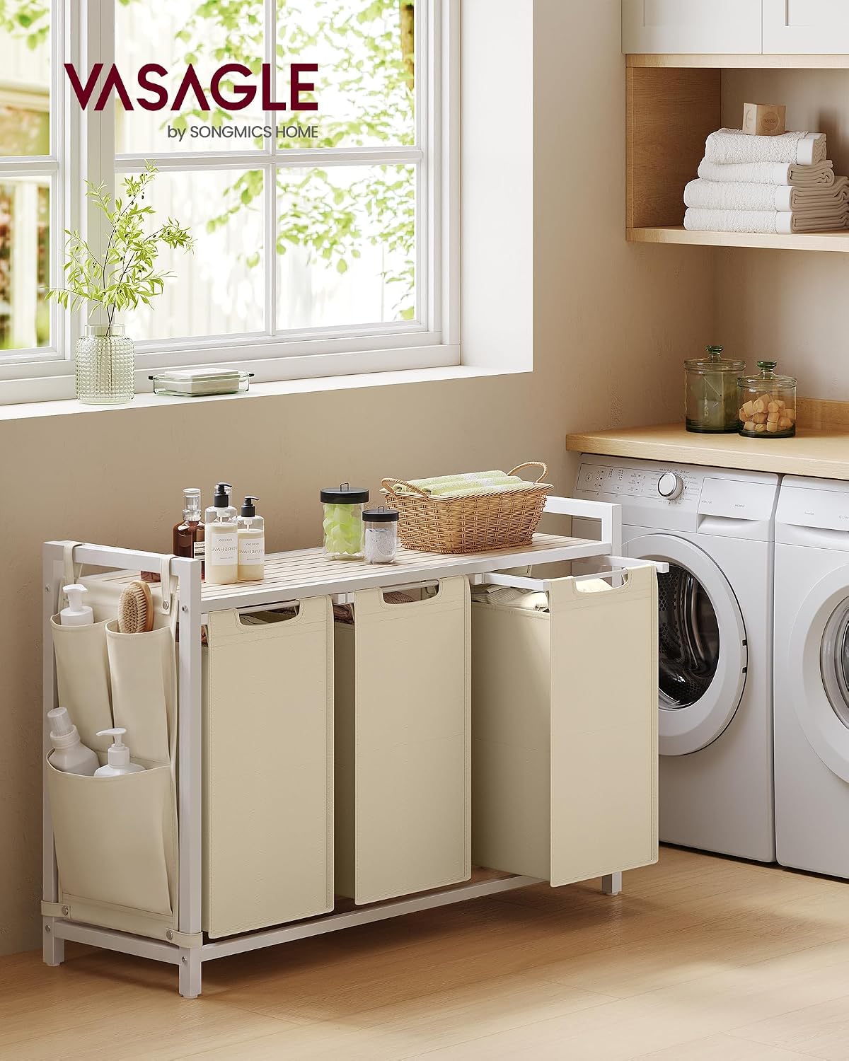 VASAGLE Laundry Hamper, Laundry Basket Sorter with 3 Pull-Out and Removable Bags, Shelf, Metal Frame, 3 x 10.6 Gallons (40 L), 36.4 x 13 x 28.4 Inches, Cappuccino Beige and Natural Beige UBLH301LH01