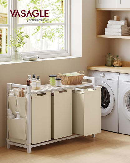 VASAGLE Laundry Hamper, Laundry Basket Sorter with 3 Pull-Out and Removable Bags, Shelf, Metal Frame, 3 x 10.6 Gallons (40 L), 36.4 x 13 x 28.4 Inches, Cappuccino Beige and Natural Beige UBLH301LH01