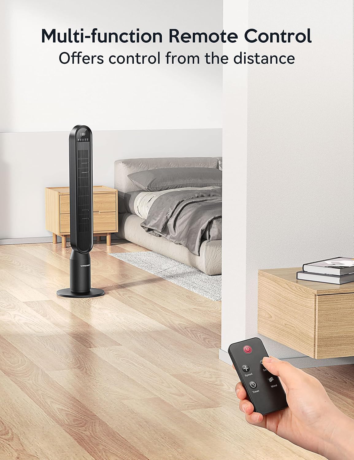 VAGKRI Tower Fan for Bedroom, 42" Quiet Floor Fan with 135° Vertical 90°Oscillation, 4 Modes, 4 Speeds, 15H Timers Standing bladeless Fans with Remote for Indoors