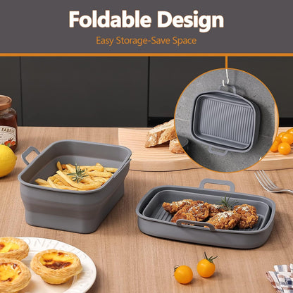 Collapsible Silicone Air Fryer Liners 8QT 10QT Ninja Dual (Gray) | 2 Pack Food Grade Platinum Silicone, Snug Rectangular Fit, Grease Drainage Ridges, Dishwasher Safe, BPA Free Basket Liner