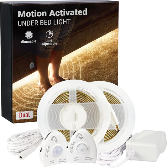 Under Bed Lights Motion Sensor, Motion Activated Bed Lighting,12V Power Adapter, Dimmable LED Strip Night Light for Bedroom,Stairs,Crib,Cabinet,Warm White -2 x 5FT -Dual Kit