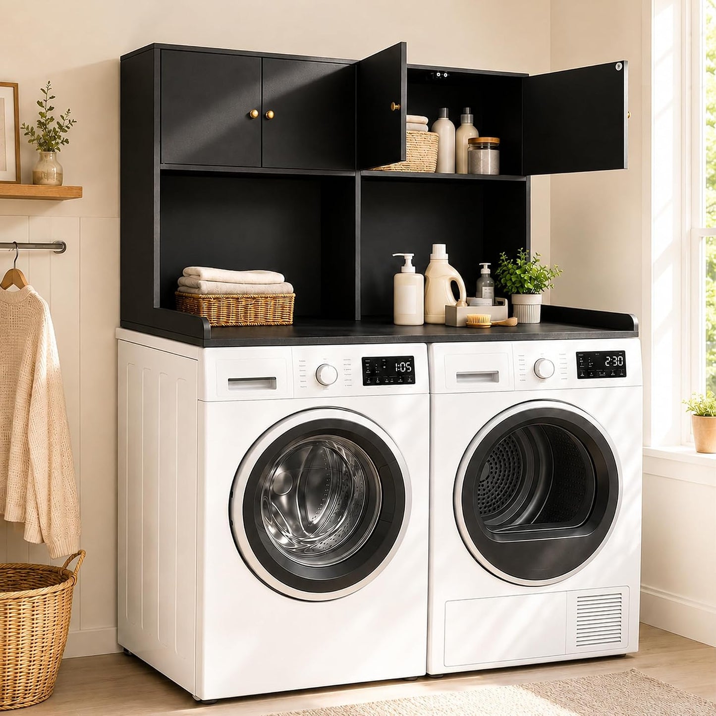 Washer Dryer Countertop with Cabinets, 2-Tier Laundry Countertop with Shelf | Washer and Dryer Topper with Edge, Over Washer and Dryer Shelves for Laundry Room, Universal Fit, 54.5"Wx27.5"Dx32.5"H