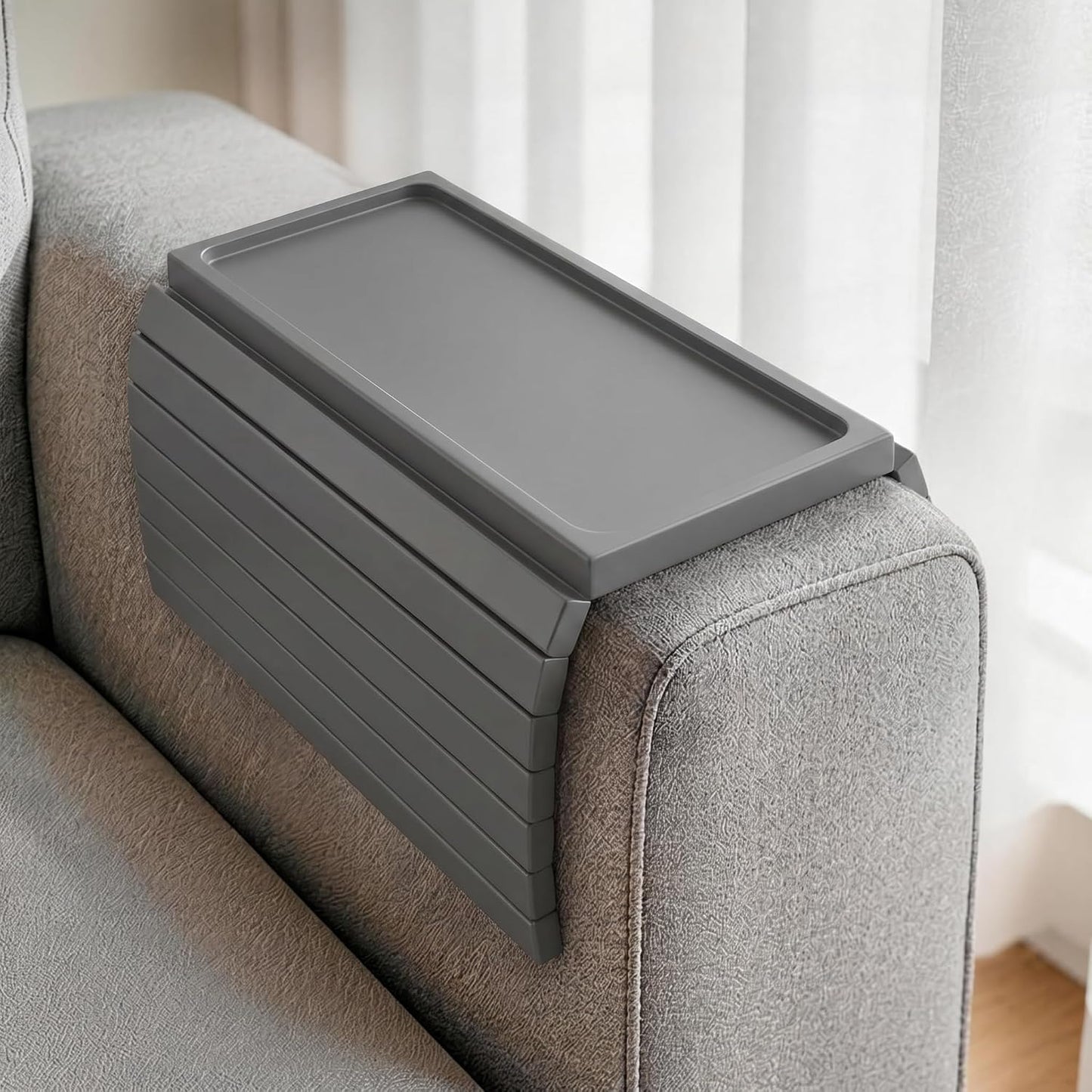 Acacia Wood Couch Armrest Table, Couch Arm Tray, Foldable Anti-Slip Wood Couch Tray, Sofa Cup Holder for Drink Snacks Remote Control