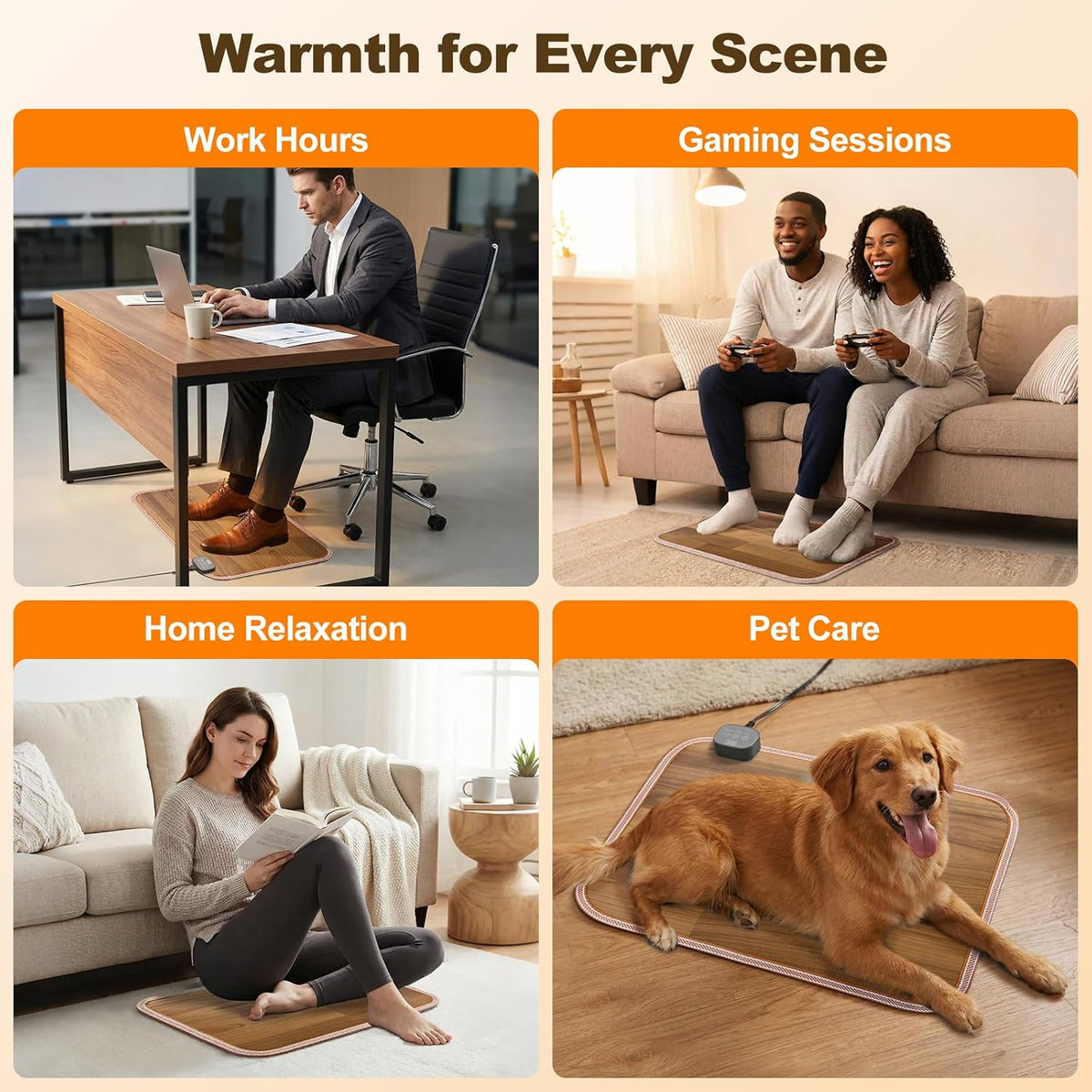 Foot Warmer Under Desk - 15.9x19.9in Heated Floor Mat 110V Adjustable Temperature Electric Heater with Timer for Office Home, Heating Pad for Cold Feet (Brown Wood)