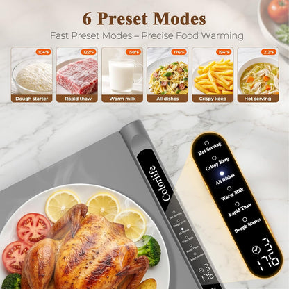 Warming Mat for Food, Electric Warming Tray with Heat-Resistant Pad-L Grey | Colorlife 6 Preset Modes, 7 Temps, 6H Timer, Child Lock, Auto-Memory, Rollable Silicone Food Warmer for Buffet, Parties