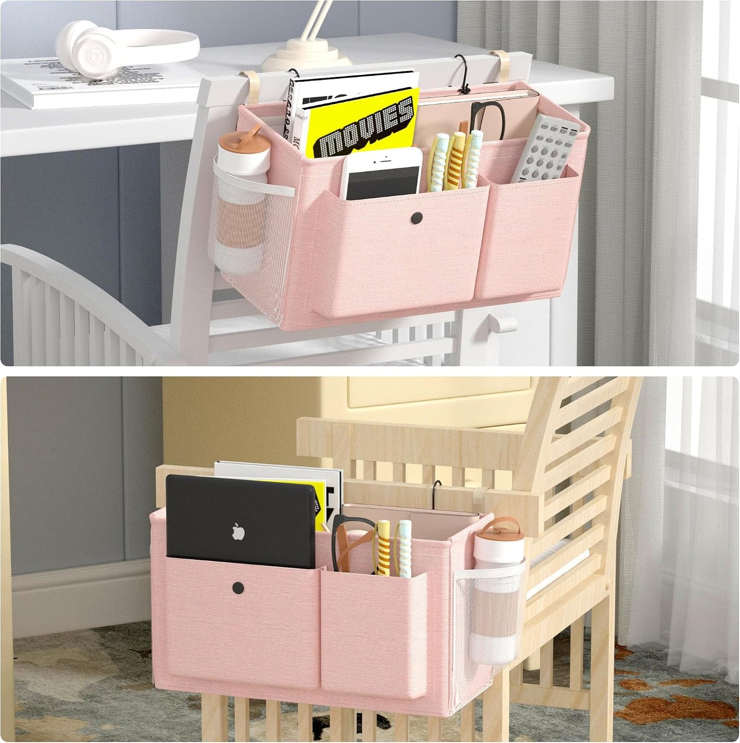 Bedside Caddy Bedside Storage Hanging Organizer for Bunk Dorm Bed Rail | Bed Caddy with Hooks, Top Bunks and Dorm Essentials for Water, Tissues, Tablets, Books, Phones, Remotes and Other Necessories